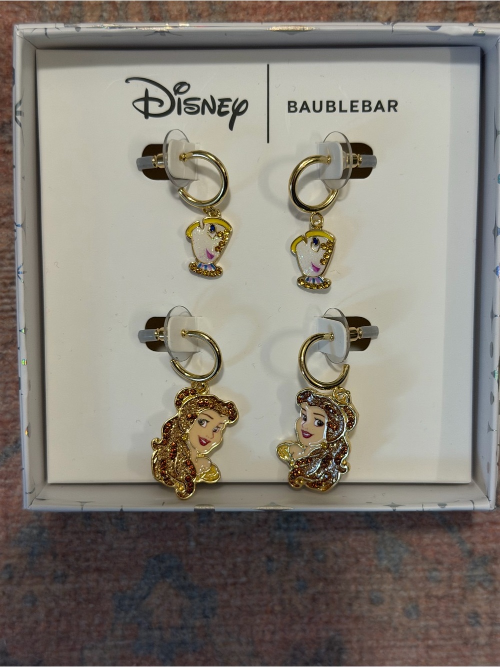Brand New Disney X Baublebar Belle & Chip 2 Set Stud Earrings